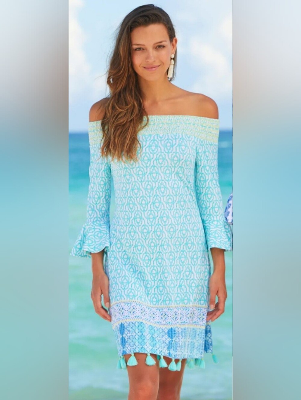 Cabana Life Dress, NEW!Size M, Off-Shoulder, Tassel Hem, Aqua & White